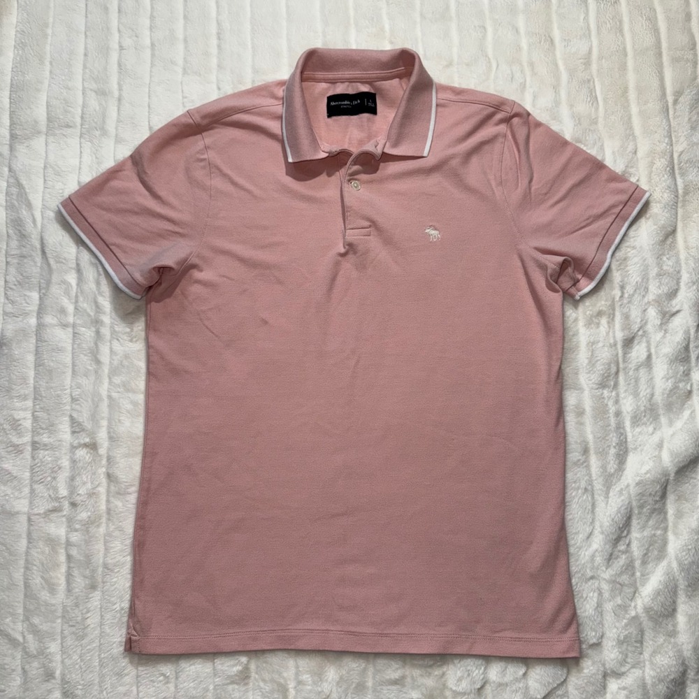 Abercrombie Fitch Men's Pink Stretch Polo Shirt‎ Embroidered Logo Size L